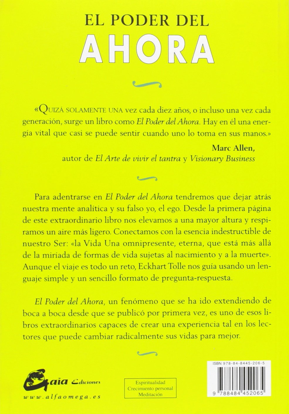 Contraportada de El Poder del Ahora - Eckhart Tolle